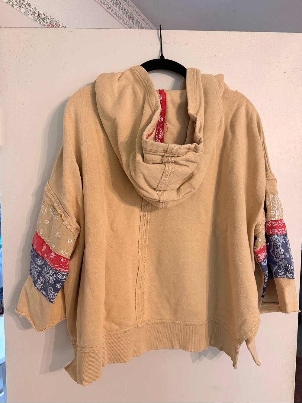 We The Free Beige Hoodie with Red & Navy Bandana Patchwork - Picture 3 of 6